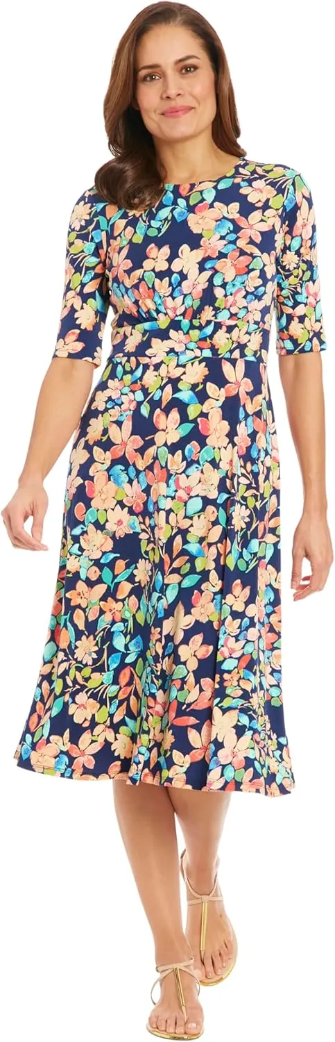 London Times Womens Elbow Sleeve A-line Midi-Pretty Garden Party Special Occasion Wedding Guest Dress