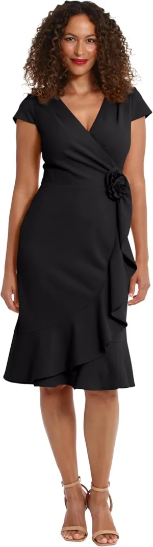 London Times Women's Feminine Ageless Surplice V-Neck Faux Wrap Ruffle Dress Office Event Shower Guest of