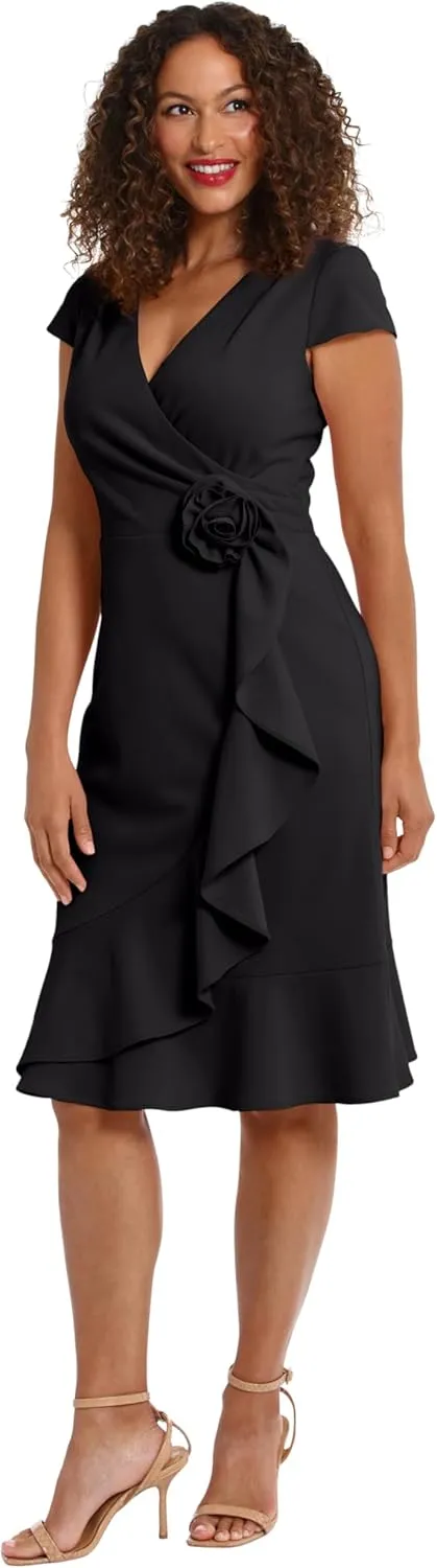 London Times Women's Feminine Ageless Surplice V-Neck Faux Wrap Ruffle Dress Office Event Shower Guest of