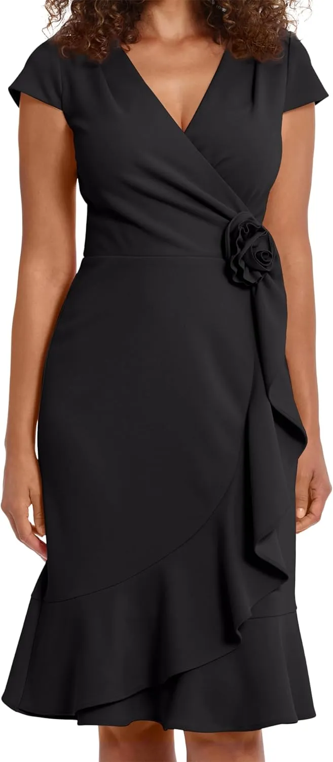 London Times Women's Feminine Ageless Surplice V-Neck Faux Wrap Ruffle Dress Office Event Shower Guest of