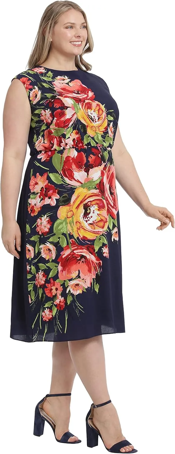 London Times Women's Floral Print Placement Blouson Dress with Cap Sleeves