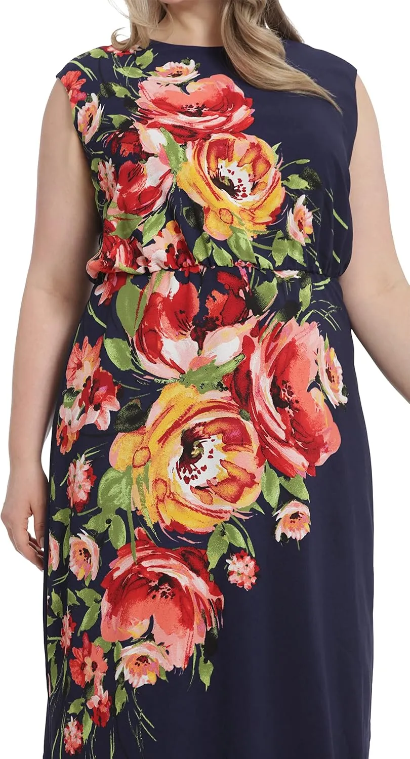 London Times Women's Floral Print Placement Blouson Dress with Cap Sleeves