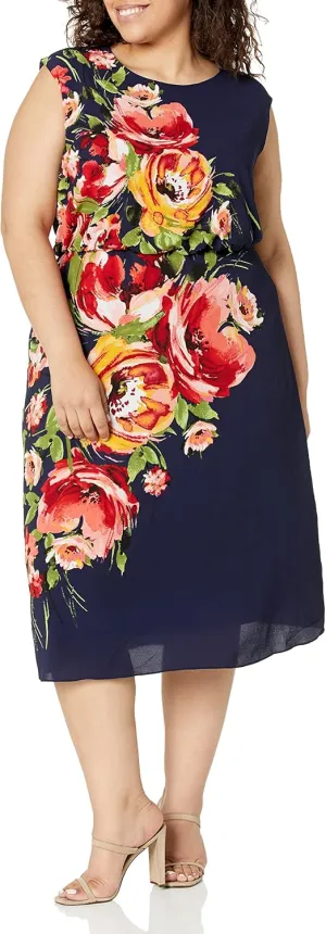 London Times Women's Floral Print Placement Blouson Dress with Cap Sleeves