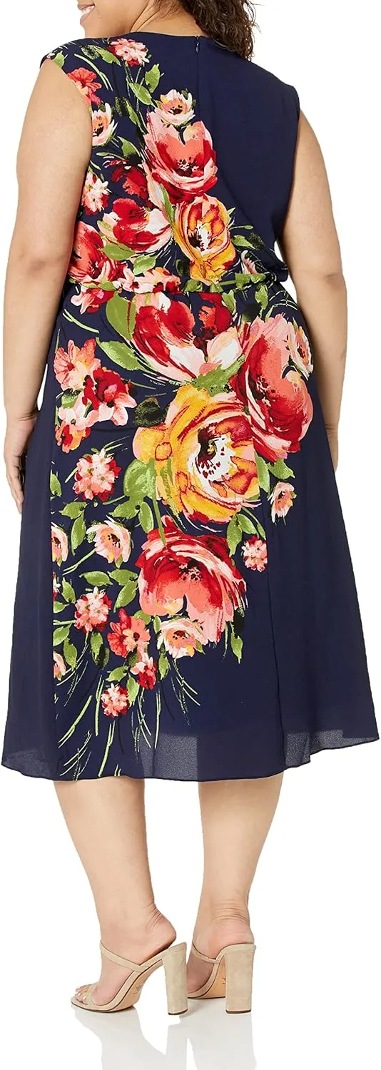 London Times Women's Floral Print Placement Blouson Dress with Cap Sleeves