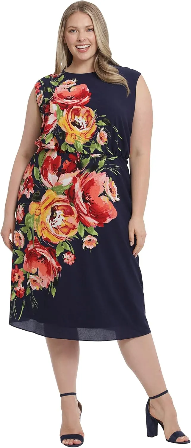 London Times Women's Floral Print Placement Blouson Dress with Cap Sleeves
