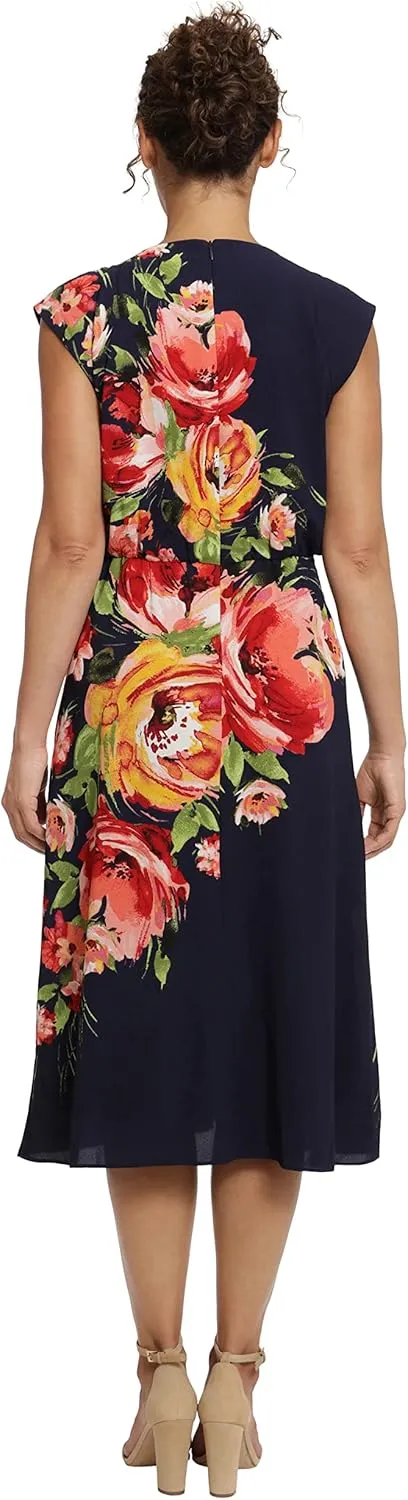 London Times Women's Floral Print Placement Blouson Dress with Cap Sleeves