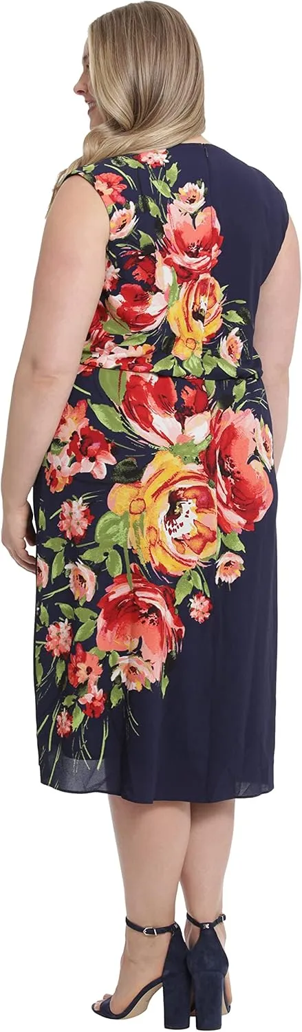 London Times Women's Floral Print Placement Blouson Dress with Cap Sleeves