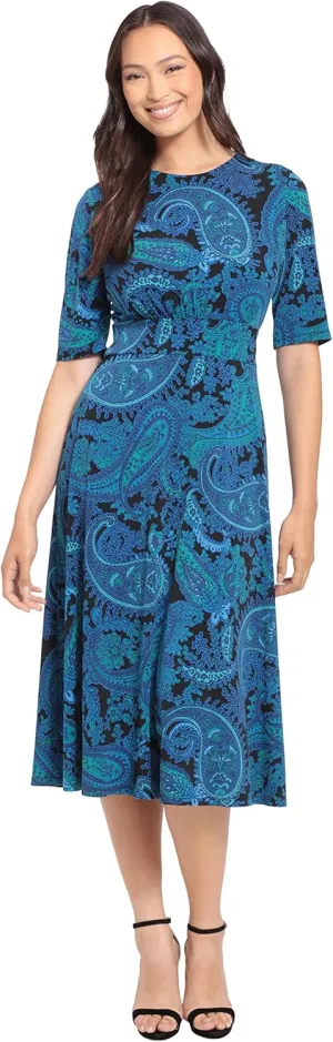 London Times Women's Petite Elbow Sleeve Midi Dress