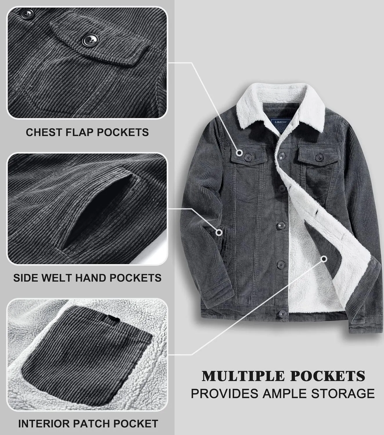 LOUECHY Men's Corduroy Sherpa Lined Trucker Jacket Thickened Warm Winter Coats