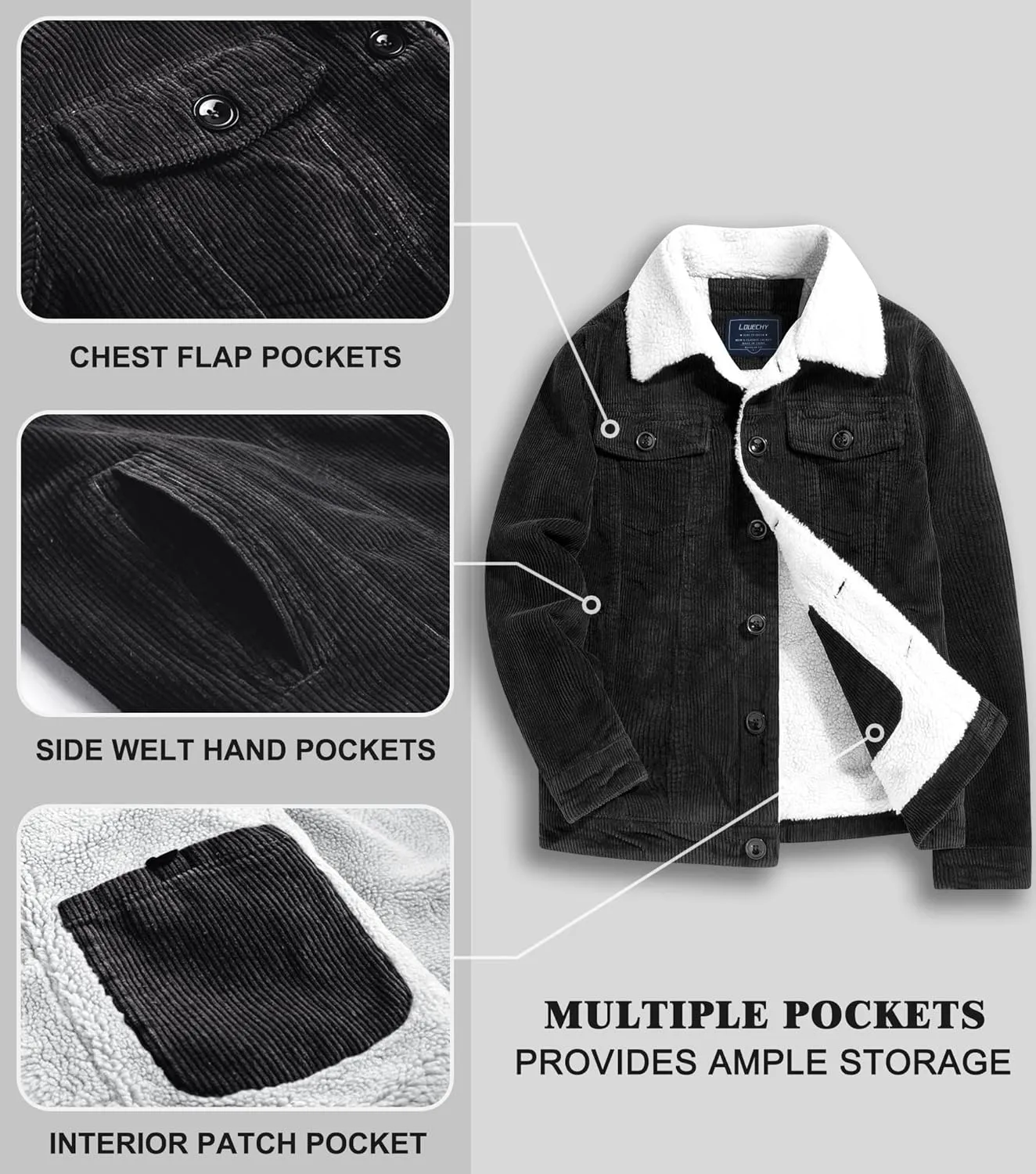 LOUECHY Men's Corduroy Sherpa Lined Trucker Jacket Thickened Warm Winter Coats