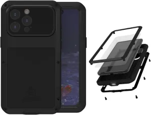 LOVE MEI for iPhone 15 Pro Max (6.7) Metal Case, Heavy Duty Metal Military Grade Shockproof Dustproof Full Body Case with Built in Tempered Glass Screen Protector for iPhone 15 Pro Max (Black)