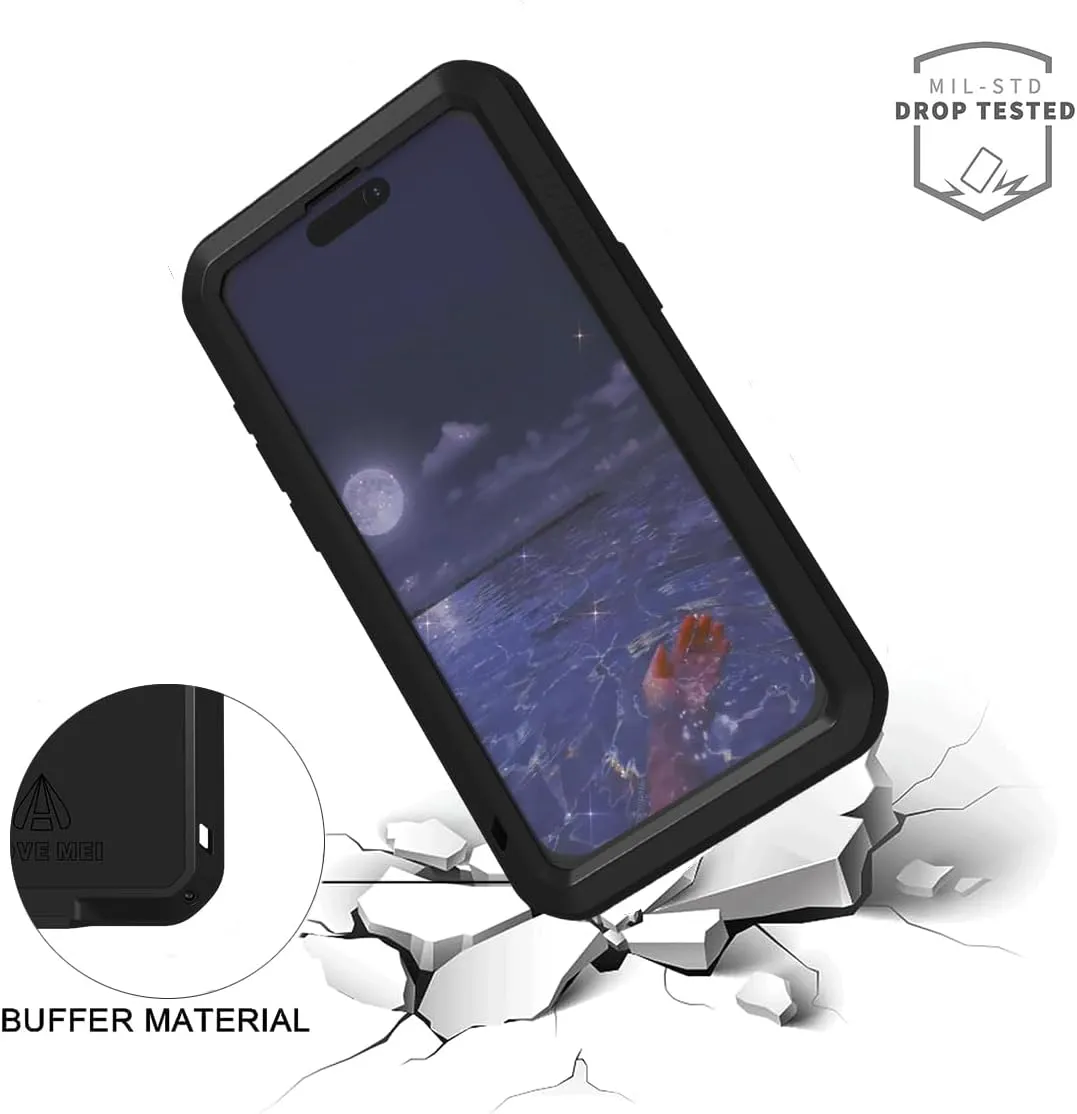 LOVE MEI for iPhone 15 Pro Max (6.7) Metal Case, Heavy Duty Metal Military Grade Shockproof Dustproof Full Body Case with Built in Tempered Glass Screen Protector for iPhone 15 Pro Max (Black)