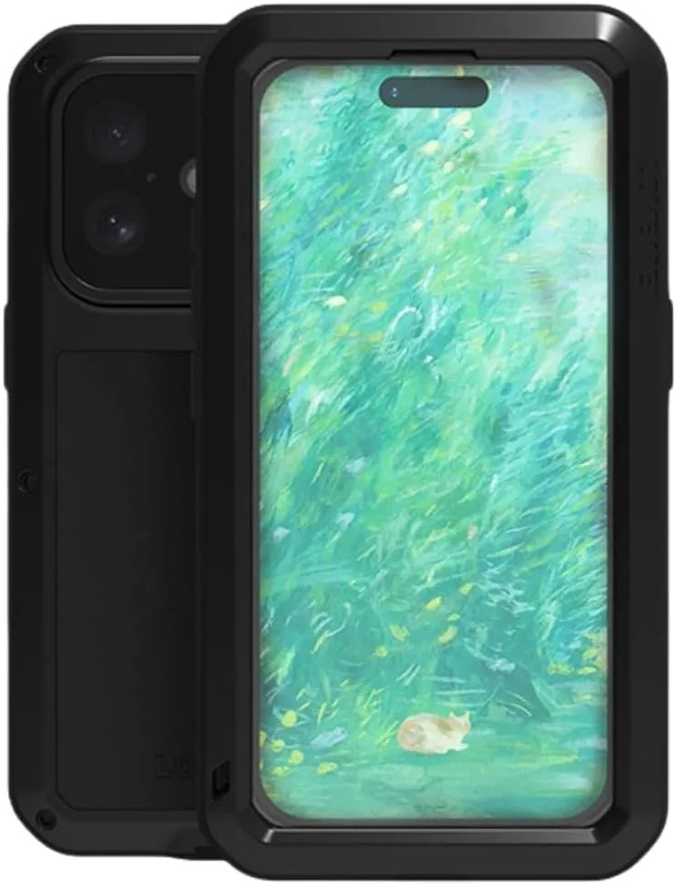 LOVE MEI for iPhone 16 (6.1) Metal Case, Heavy Duty Metal Military Grade Shockproof Dustproof Full Body Case with Built in Tempered Glass Screen Protector for iPhone 16 (Black)