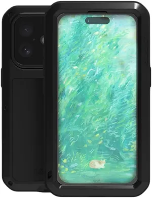 LOVE MEI for iPhone 16 (6.1) Metal Case, Heavy Duty Metal Military Grade Shockproof Dustproof Full Body Case with Built in Tempered Glass Screen Protector for iPhone 16 (Black)