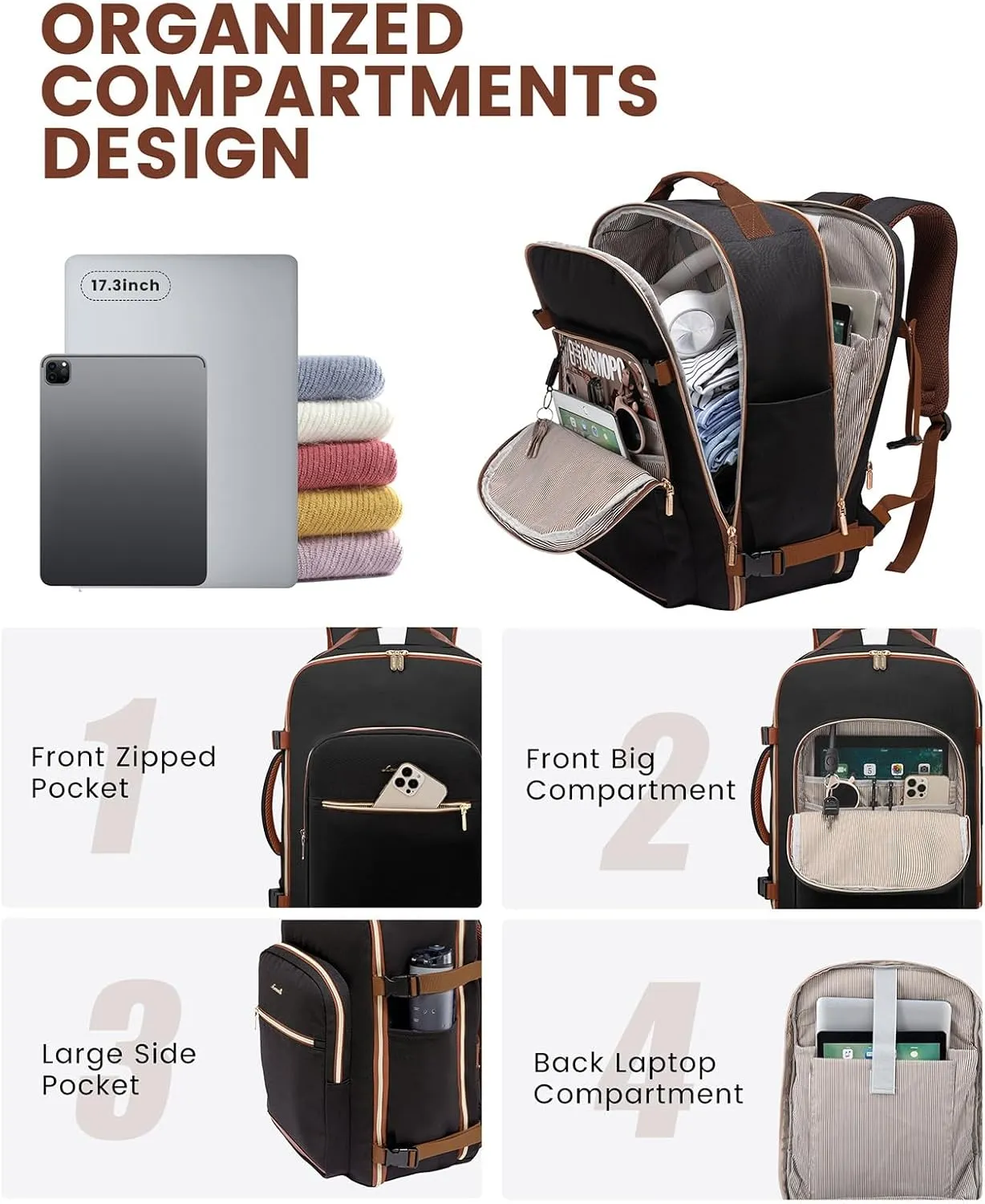 LOVEVOOK 50L Large Travel Backpack for Women Men Fits 17 Inch Laptop, Carry on Backpack for Traveling on Airplane, Personal Item Bag Airline Approved, Business Causal Weekender Backpack, Black-Brown