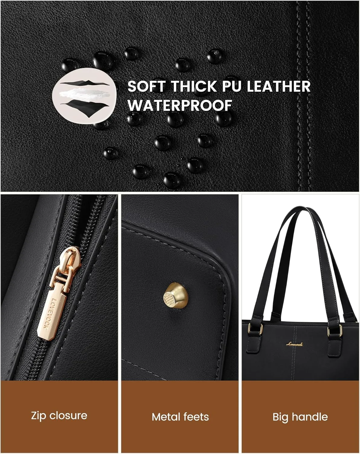 LOVEVOOK Laptop Tote Bag for Women 15.6 Inch Work Bag Leather Laptop Purse with Clutch, Large Computer Briefcase Bag for Office Business Teacher Black