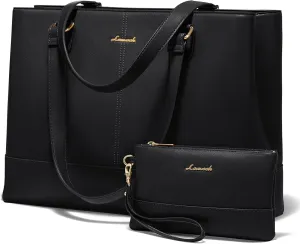 LOVEVOOK Laptop Tote Bag for Women 15.6 Inch Work Bag Leather Laptop Purse with Clutch, Large Computer Briefcase Bag for Office Business Teacher Black