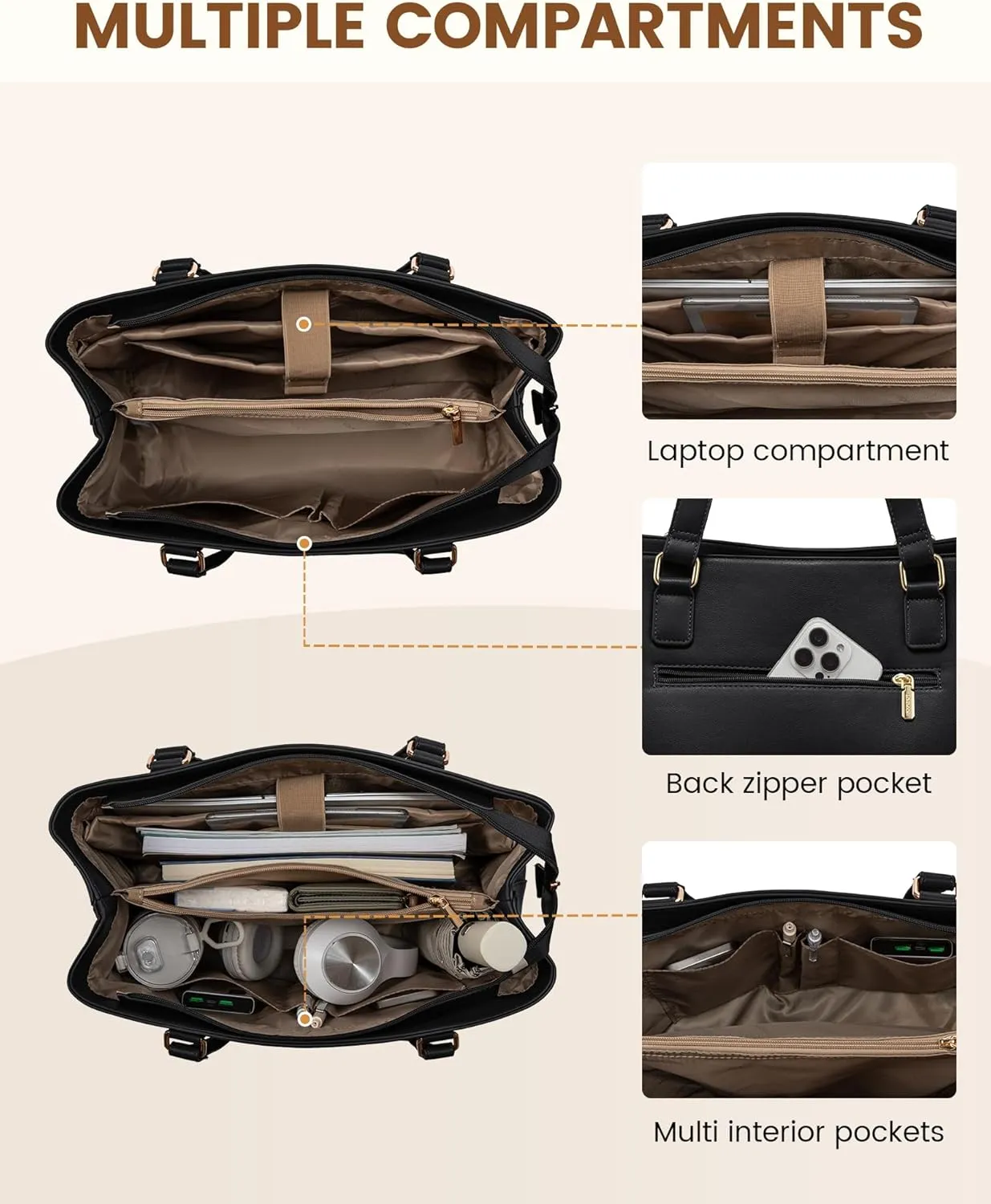 LOVEVOOK Laptop Tote Bag for Women 15.6 Inch Work Bag Leather Laptop Purse with Clutch, Large Computer Briefcase Bag for Office Business Teacher Black