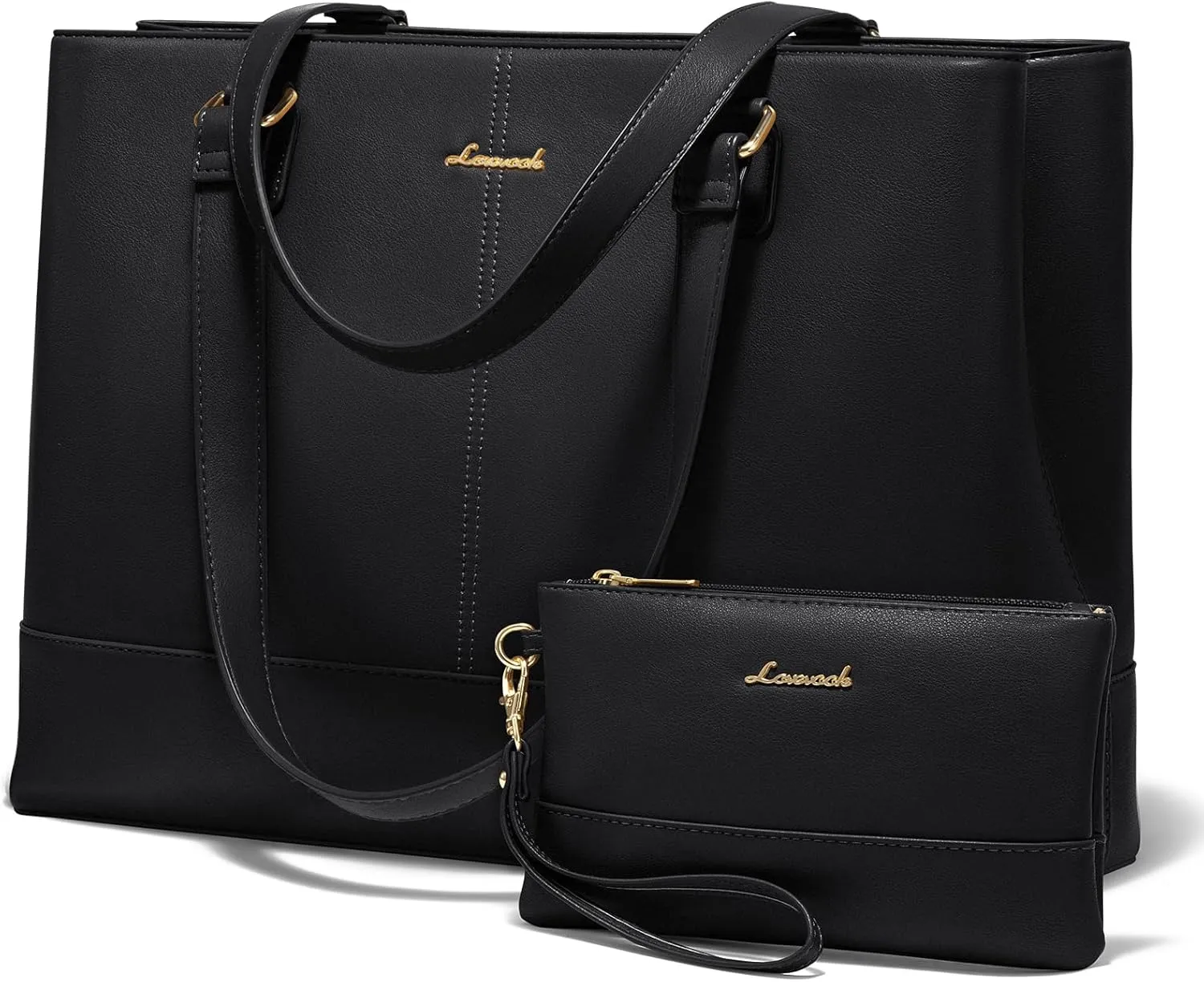 LOVEVOOK Laptop Tote Bag for Women 15.6 Inch Work Bag Leather Laptop Purse with Clutch, Large Computer Briefcase Bag for Office Business Teacher Black