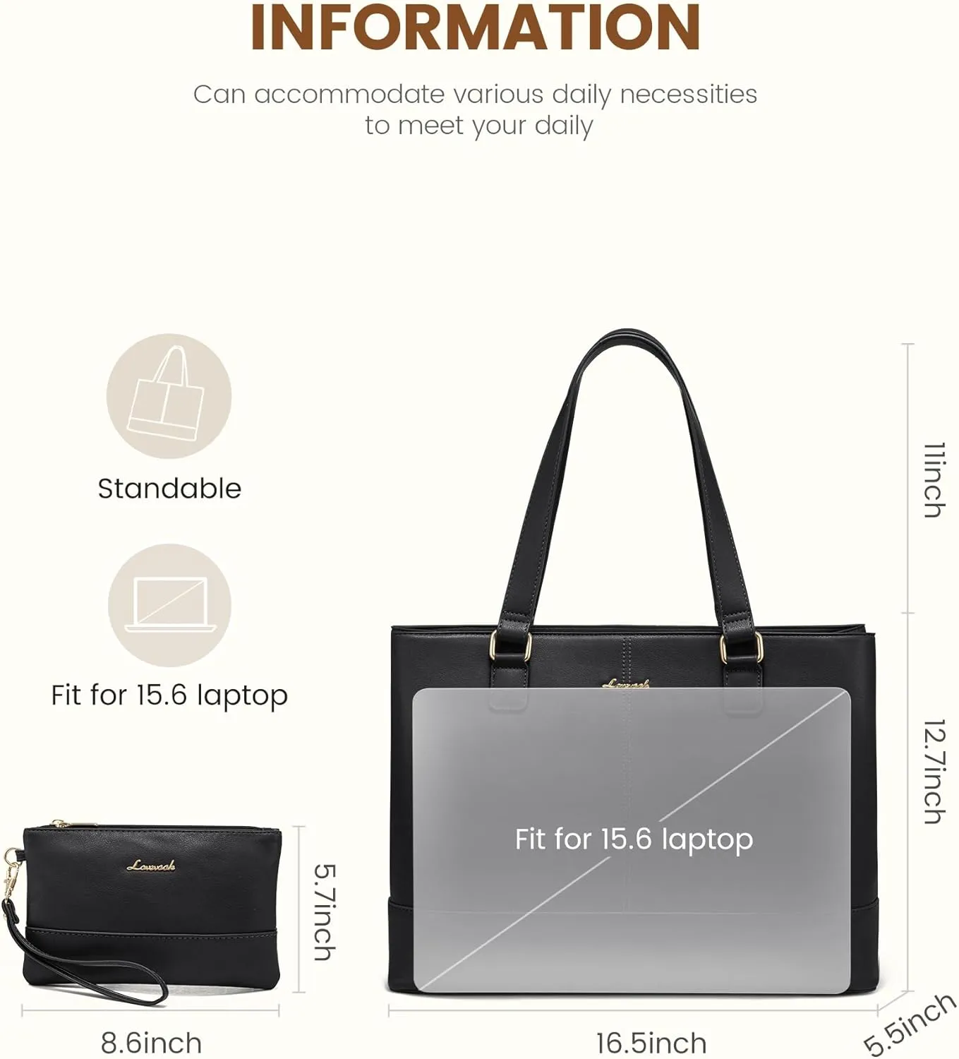 LOVEVOOK Laptop Tote Bag for Women 15.6 Inch Work Bag Leather Laptop Purse with Clutch, Large Computer Briefcase Bag for Office Business Teacher Black