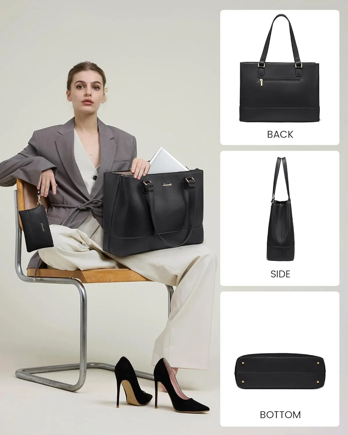 LOVEVOOK Laptop Tote Bag for Women 15.6 Inch Work Bag Leather Laptop Purse with Clutch, Large Computer Briefcase Bag for Office Business Teacher Black
