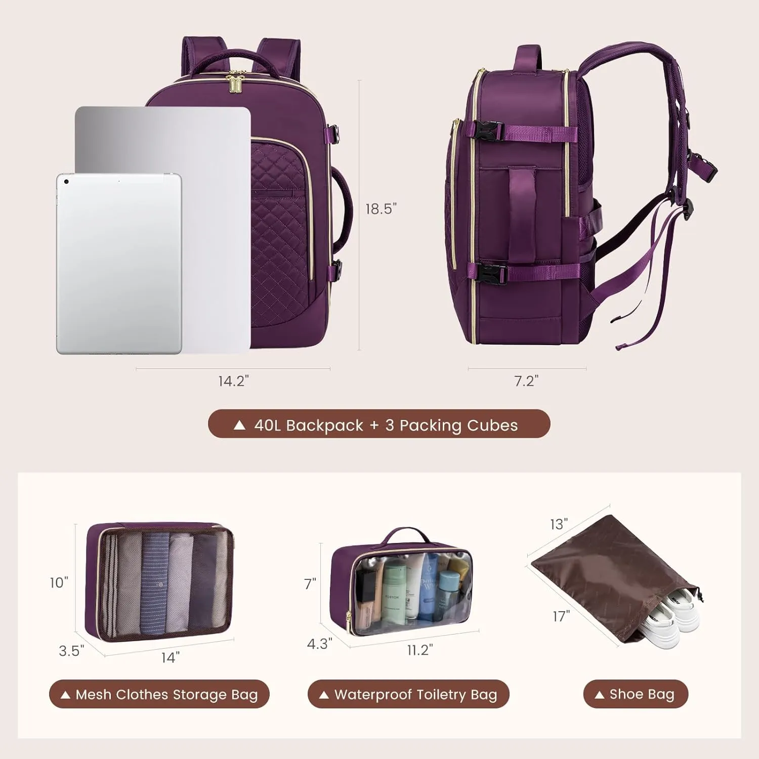 LOVEVOOK Large Travel Laptop Backpack for Women, 40L Carry On Backpack Flight Approved,Waterproof Suitcase Backpacks with 3 Packing Cubes, Daypack Business College Weekender Overnight