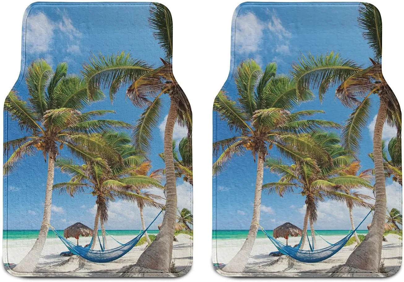 Lunarable Beach Car Mat Set of 2, Hammock Palm Trees and Sand Sunny Beach Scenery Travel Vacation Image, Front Seat Floor Mat Durable PVC Backing Accesory, 27.5" x 17.9", Blue Coconut and Green