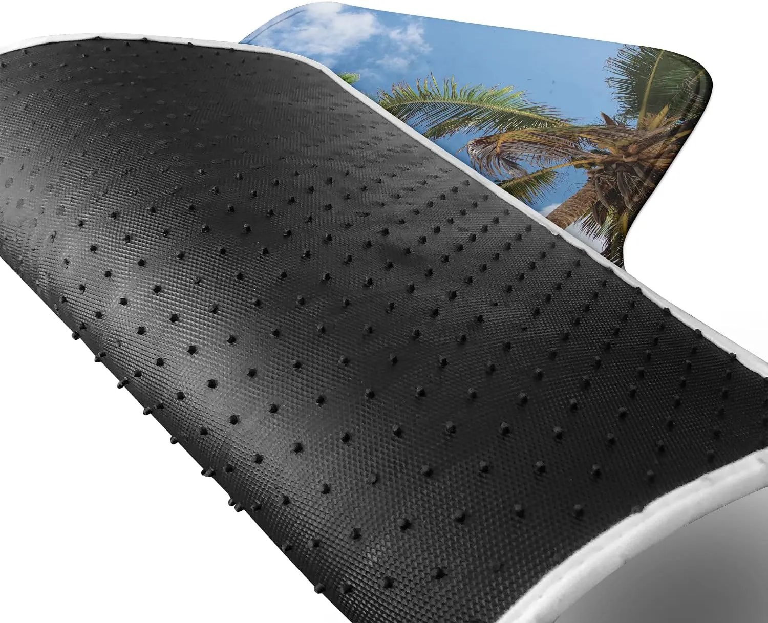 Lunarable Beach Car Mat Set of 2, Hammock Palm Trees and Sand Sunny Beach Scenery Travel Vacation Image, Front Seat Floor Mat Durable PVC Backing Accesory, 27.5" x 17.9", Blue Coconut and Green