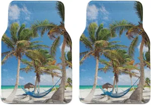 Lunarable Beach Car Mat Set of 2, Hammock Palm Trees and Sand Sunny Beach Scenery Travel Vacation Image, Front Seat Floor Mat Durable PVC Backing Accesory, 27.5" x 17.9", Blue Coconut and Green