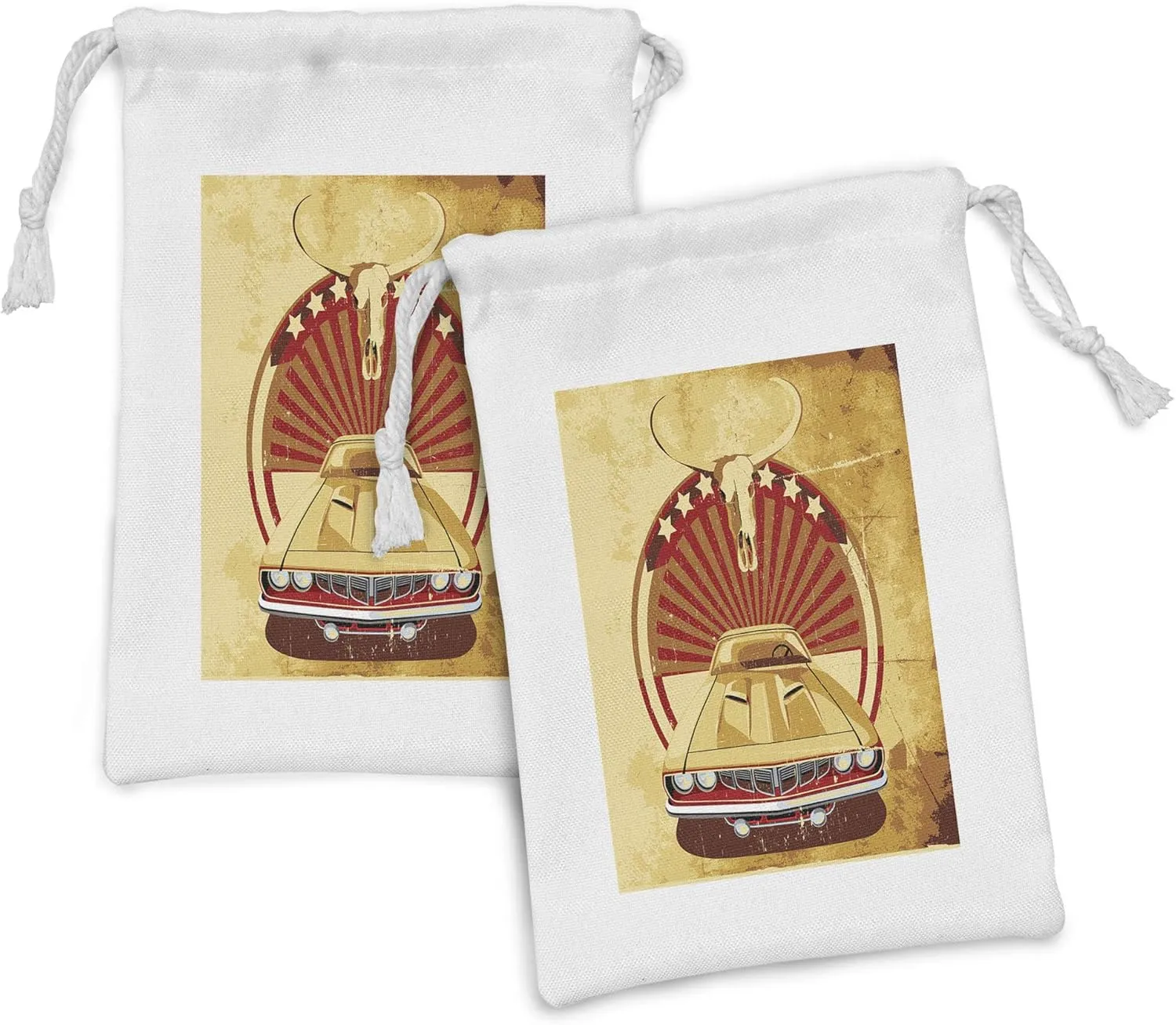 Lunarable Cars Fabric Pouch Set of 2, Grunge Aged Original Sports Car with Round Vignette Buffalo Skull Speed Indicator Theme, Small Drawstring Bag for Toiletries Masks and Favors, 9" x 6", Red Tan