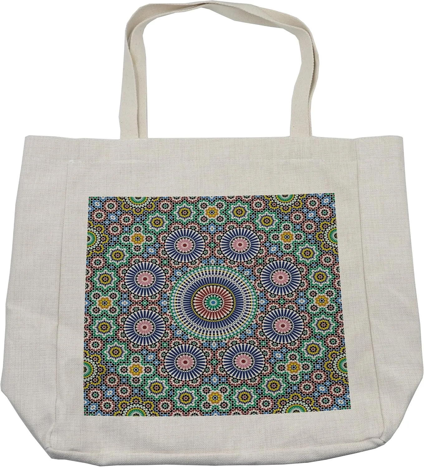 Lunarable Moroccan Shopping Bag, Classic Mosaic Design Striped Centered Detailed Craft Tile Antiquity Illustration, Eco-Friendly Reusable Bag for Groceries Beach and More, 15.5" X 14.5", Cream