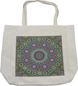 Lunarable Moroccan Shopping Bag, Classic Mosaic Design Striped Centered Detailed Craft Tile Antiquity Illustration, Eco-Friendly Reusable Bag for Groceries Beach and More, 15.5" X 14.5", Cream