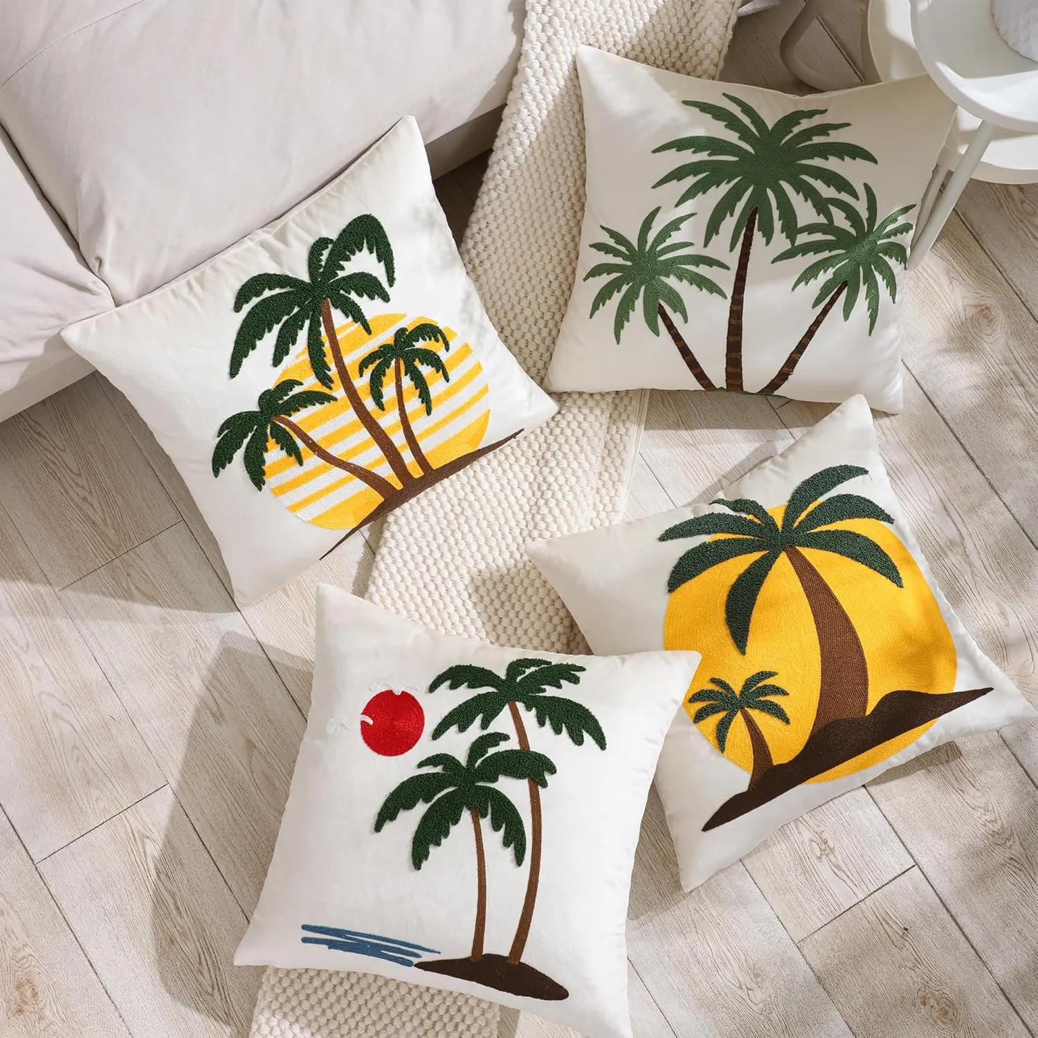 LUOYEHK Tropical Palm Tree Pillow Covers 18X18 Inch Set of 2 Summer Beach Sunset Decorative Throw Pillows Velvet Embroidered Cushion Covers for Couch Sofa Bed Living Room