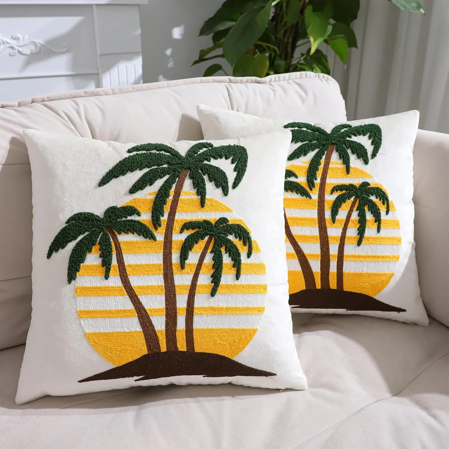 LUOYEHK Tropical Palm Tree Pillow Covers 18X18 Inch Set of 2 Summer Beach Sunset Decorative Throw Pillows Velvet Embroidered Cushion Covers for Couch Sofa Bed Living Room