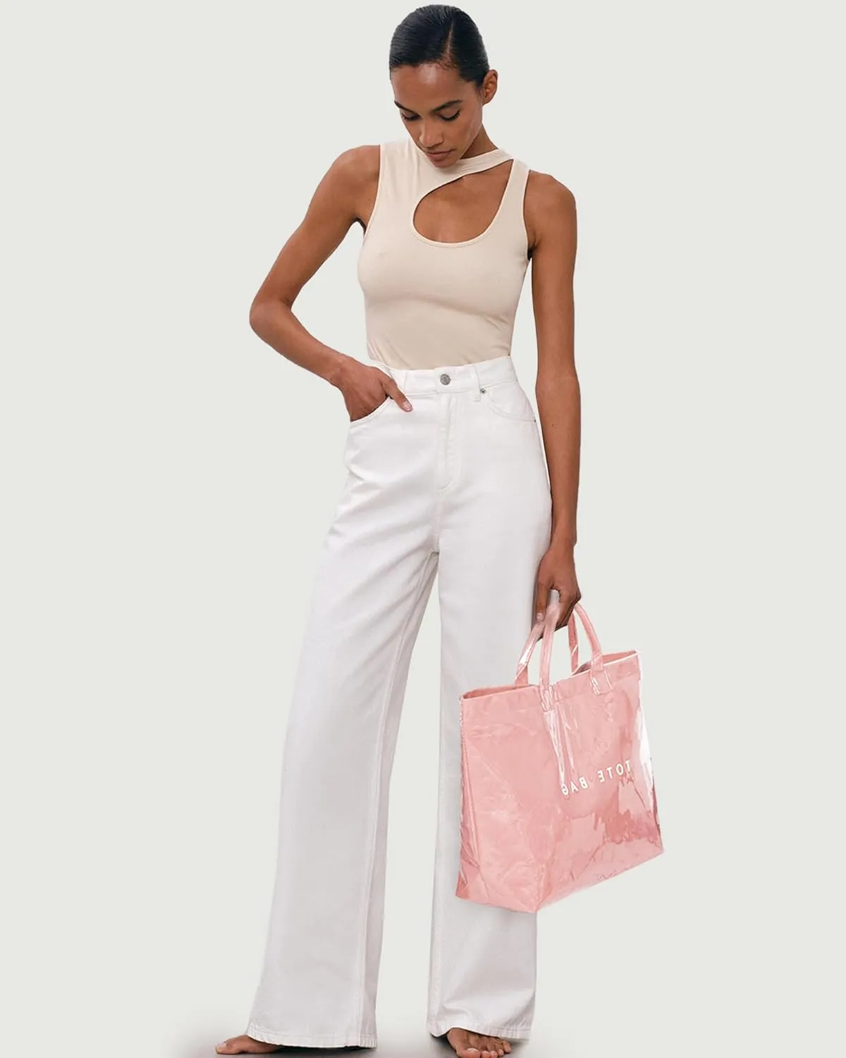 Lushandy PVC Tote Bag Women's Letters Print Large Kraft Paper Carry All Bag Top Handle Clear Hobo Handbag