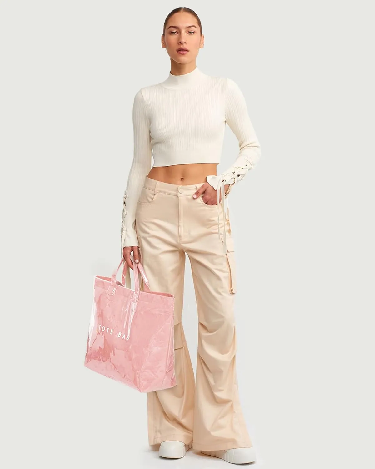 Lushandy PVC Tote Bag Women's Letters Print Large Kraft Paper Carry All Bag Top Handle Clear Hobo Handbag
