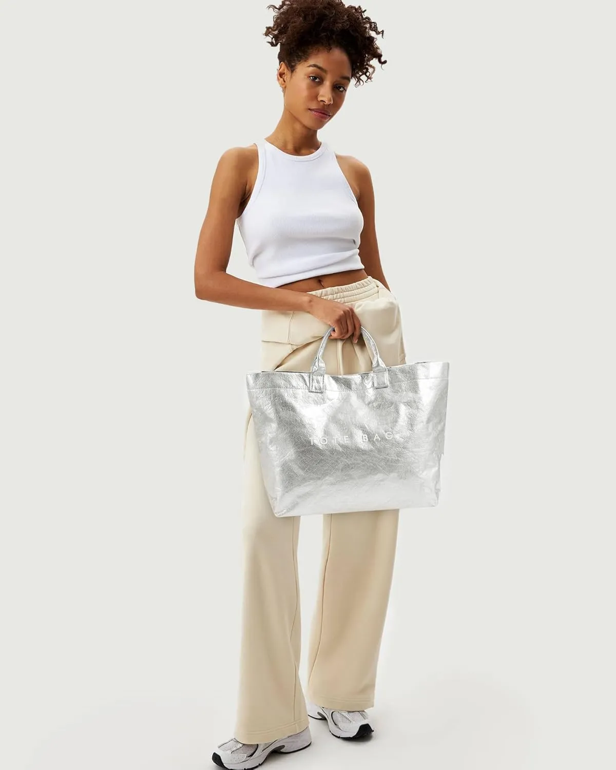 Lushandy PVC Tote Bag Women's Letters Print Large Kraft Paper Carry All Bag Top Handle Clear Hobo Handbag