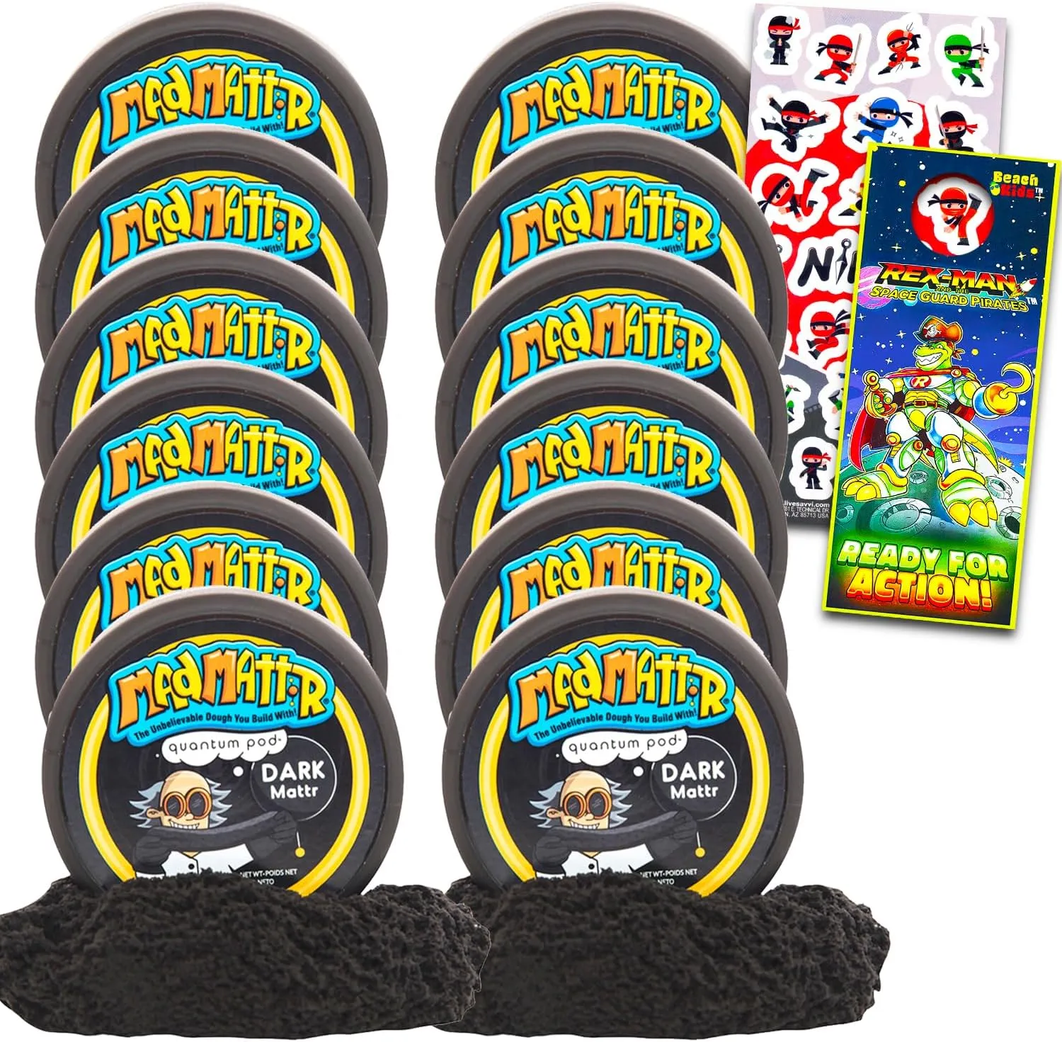 Mad Matter Modeling Dough 12 Pack Set (Black) - Bundle with 12 Black Mad Mattr Dough Containers for Building, Party Favors, Goodie Bags Plus Bonus Stickers | Mad Mattr Never Dry Bulk Dough
