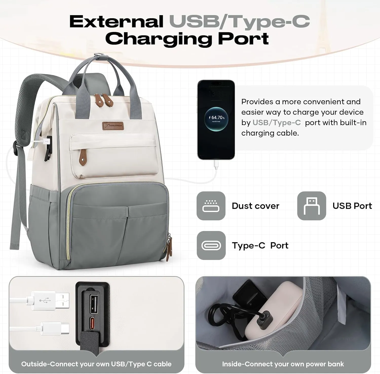 Maelstrom Travel Backpack for Women Men,Laptop Backpack Fits 15.6-17.3 Inch Laptop, Nurse/Teacher/Work Bag with Insulated Lunch Box,Water Resistant Carry On Backpack,Gray-Beige