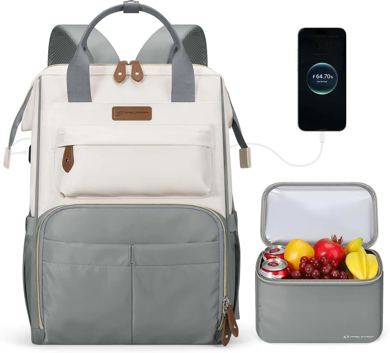 Maelstrom Travel Backpack for Women Men,Laptop Backpack Fits 15.6-17.3 Inch Laptop, Nurse/Teacher/Work Bag with Insulated Lunch Box,Water Resistant Carry On Backpack,Gray-Beige
