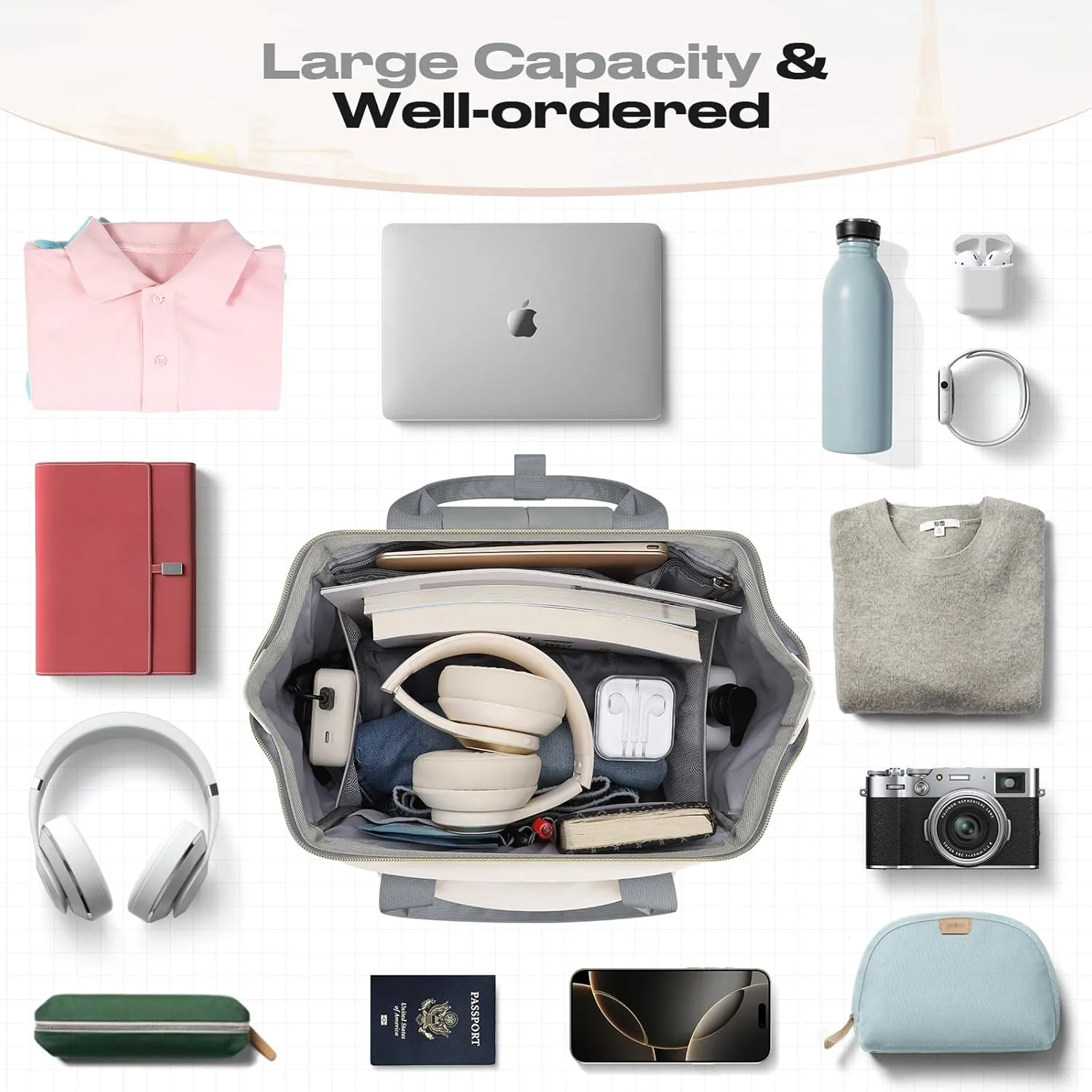 Maelstrom Travel Backpack for Women Men,Laptop Backpack Fits 15.6-17.3 Inch Laptop, Nurse/Teacher/Work Bag with Insulated Lunch Box,Water Resistant Carry On Backpack,Gray-Beige