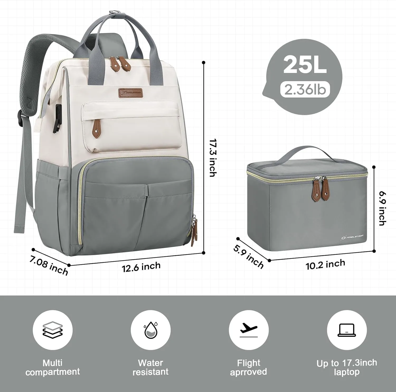 Maelstrom Travel Backpack for Women Men,Laptop Backpack Fits 15.6-17.3 Inch Laptop, Nurse/Teacher/Work Bag with Insulated Lunch Box,Water Resistant Carry On Backpack,Gray-Beige