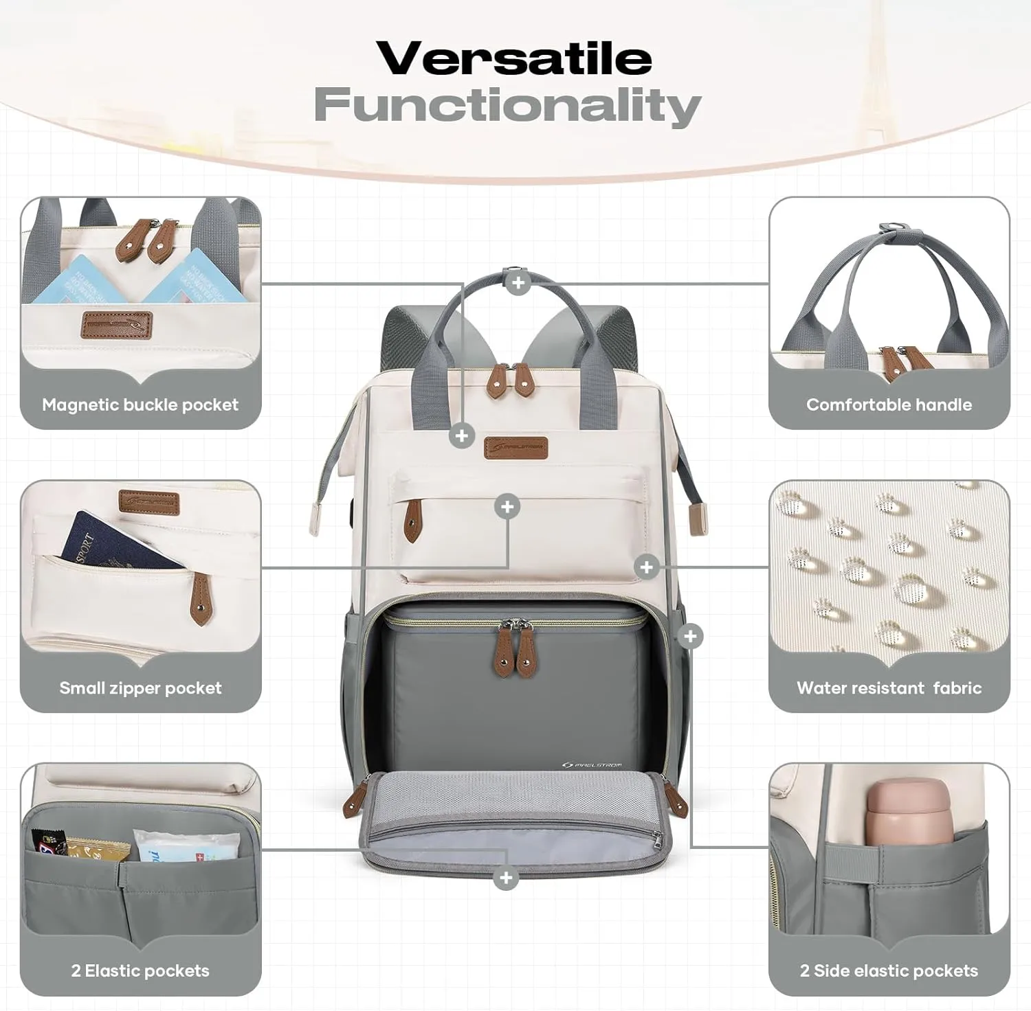 Maelstrom Travel Backpack for Women Men,Laptop Backpack Fits 15.6-17.3 Inch Laptop, Nurse/Teacher/Work Bag with Insulated Lunch Box,Water Resistant Carry On Backpack,Gray-Beige