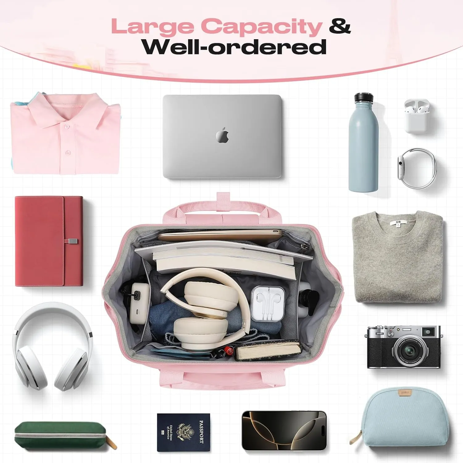 Maelstrom Travel Backpack for Women Men,Laptop Backpack Fits 15.6-17.3 Inch Laptop, Nurse/Teacher/Work Bag with Insulated Lunch Box,Water Resistant Carry On Backpack,Pink