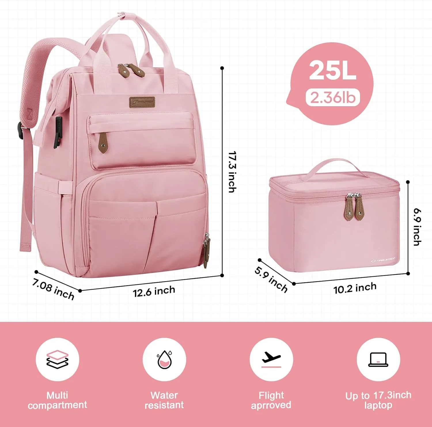Maelstrom Travel Backpack for Women Men,Laptop Backpack Fits 15.6-17.3 Inch Laptop, Nurse/Teacher/Work Bag with Insulated Lunch Box,Water Resistant Carry On Backpack,Pink