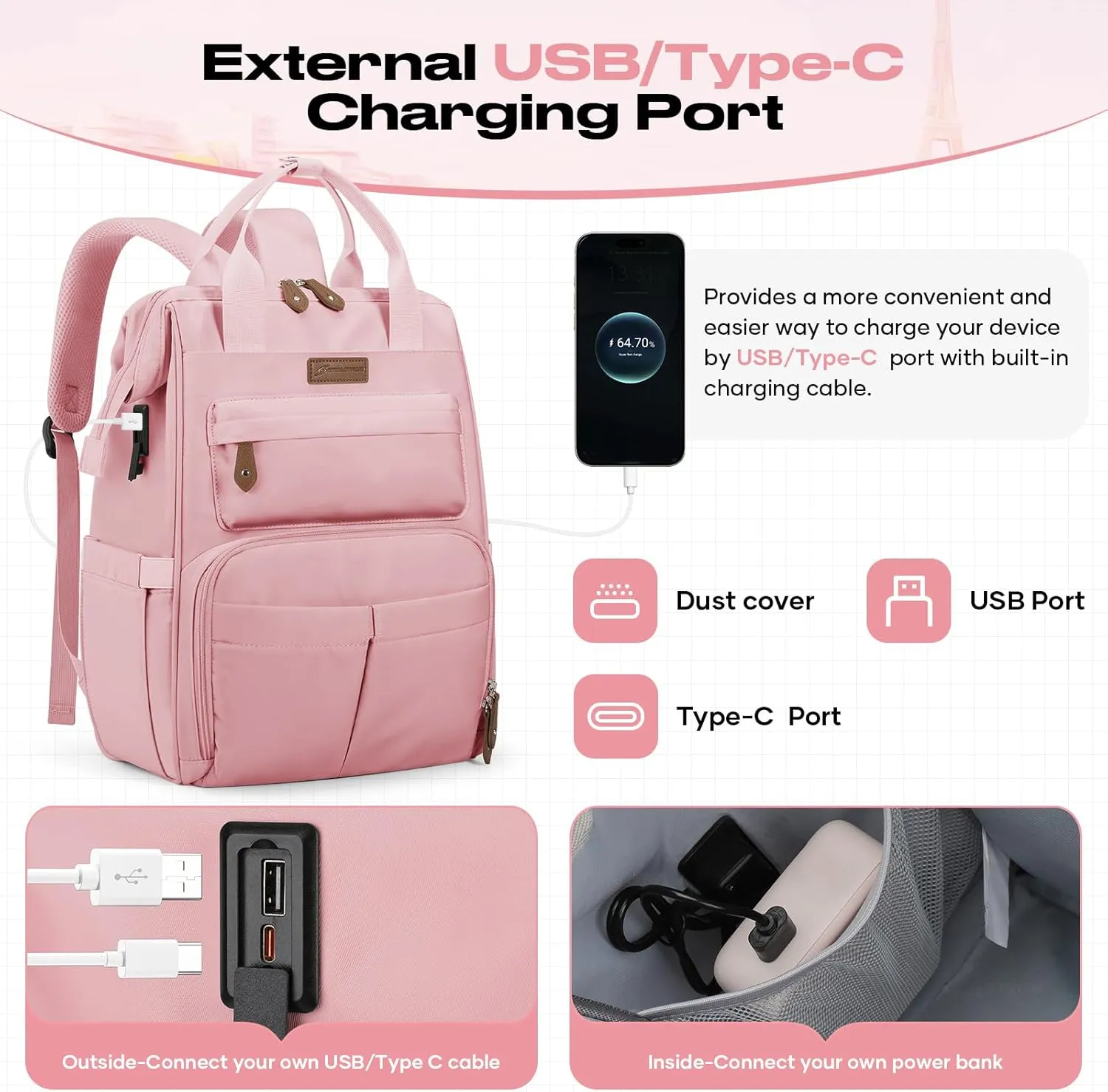 Maelstrom Travel Backpack for Women Men,Laptop Backpack Fits 15.6-17.3 Inch Laptop, Nurse/Teacher/Work Bag with Insulated Lunch Box,Water Resistant Carry On Backpack,Pink