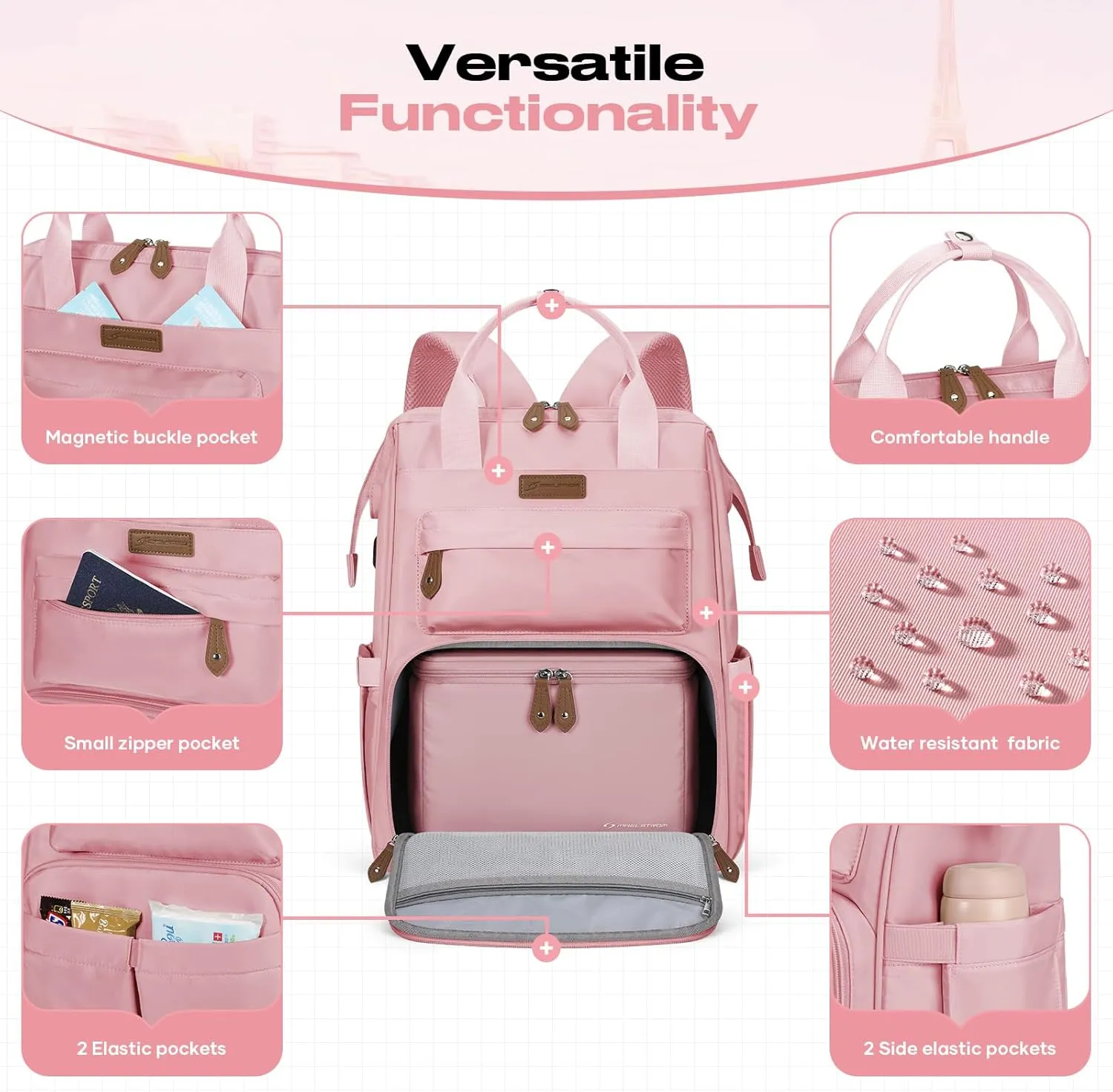 Maelstrom Travel Backpack for Women Men,Laptop Backpack Fits 15.6-17.3 Inch Laptop, Nurse/Teacher/Work Bag with Insulated Lunch Box,Water Resistant Carry On Backpack,Pink