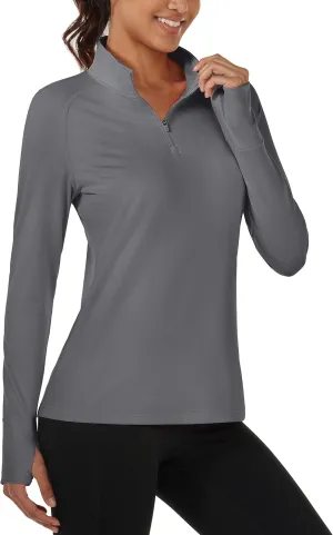 MAGCOMSEN Women's Running Shirts Quarter Zip Fleece Pullover Long Sleeve Thumb Hole Tee Athletic Workout Tops
