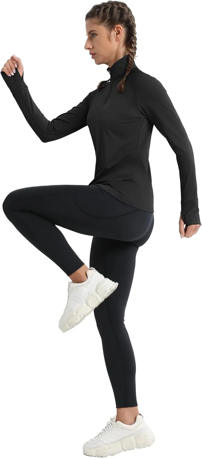 MAGCOMSEN Women's Running Shirts Quarter Zip Fleece Pullover Long Sleeve Thumb Hole Tee Athletic Workout Tops
