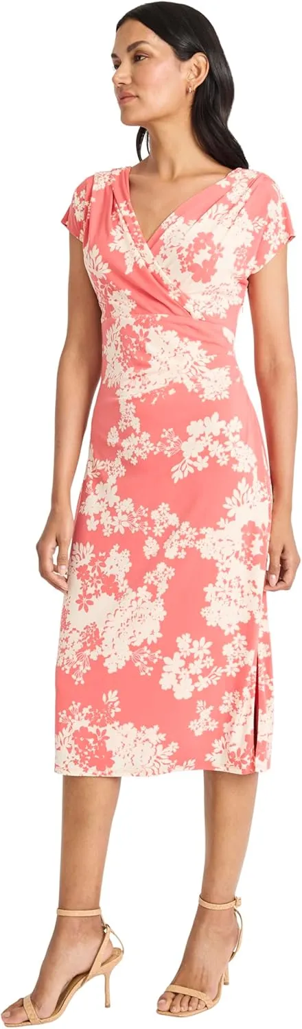 Maggy London Floral Midi Dress with V-Neck and Cap Sleeves-Elegant Summer Casual Wear for Women